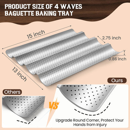 Pavsrmy Baguette Bread Pan, Premium Nonstick Perforated Baguette Pan for French Bread Baking, 4 Loaves Baguette Baking Tray for Sourdough, Italian Bread, Perfect for Creating Crisp Golden-Brown Crust