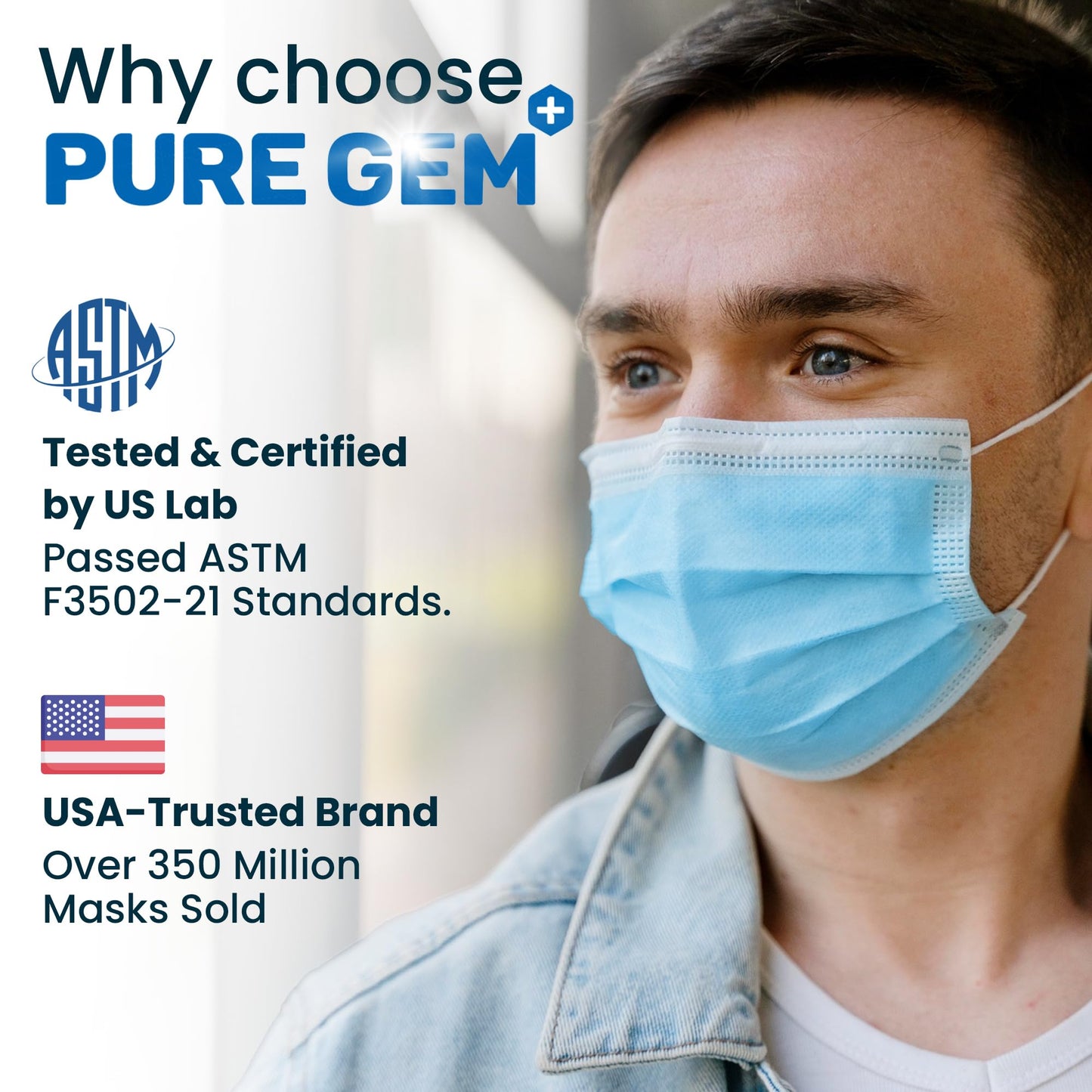 PURE GEM [Pack of 150] Single Use Disposable Blue Face Mask, Soft on Skin, 3-ply Masks Facial Cover with Elastic Earloops Great For Home, Office, School, and Outdoors