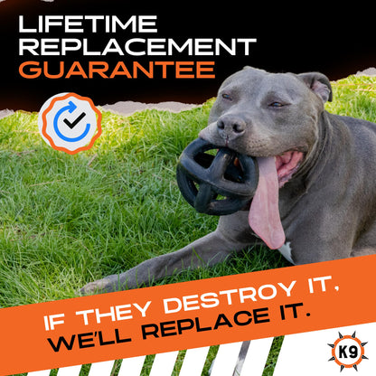 Monster K9 Indestructible Dog Ball – Lifetime Replacemnet - Durable Dog Toy for Aggressive Chewers - Safe, Non-Toxic Natural Rubber - Chew, Tug & Fetch - Tough, Heavy Duty - 5.5” (2X Tennis Ball Size)