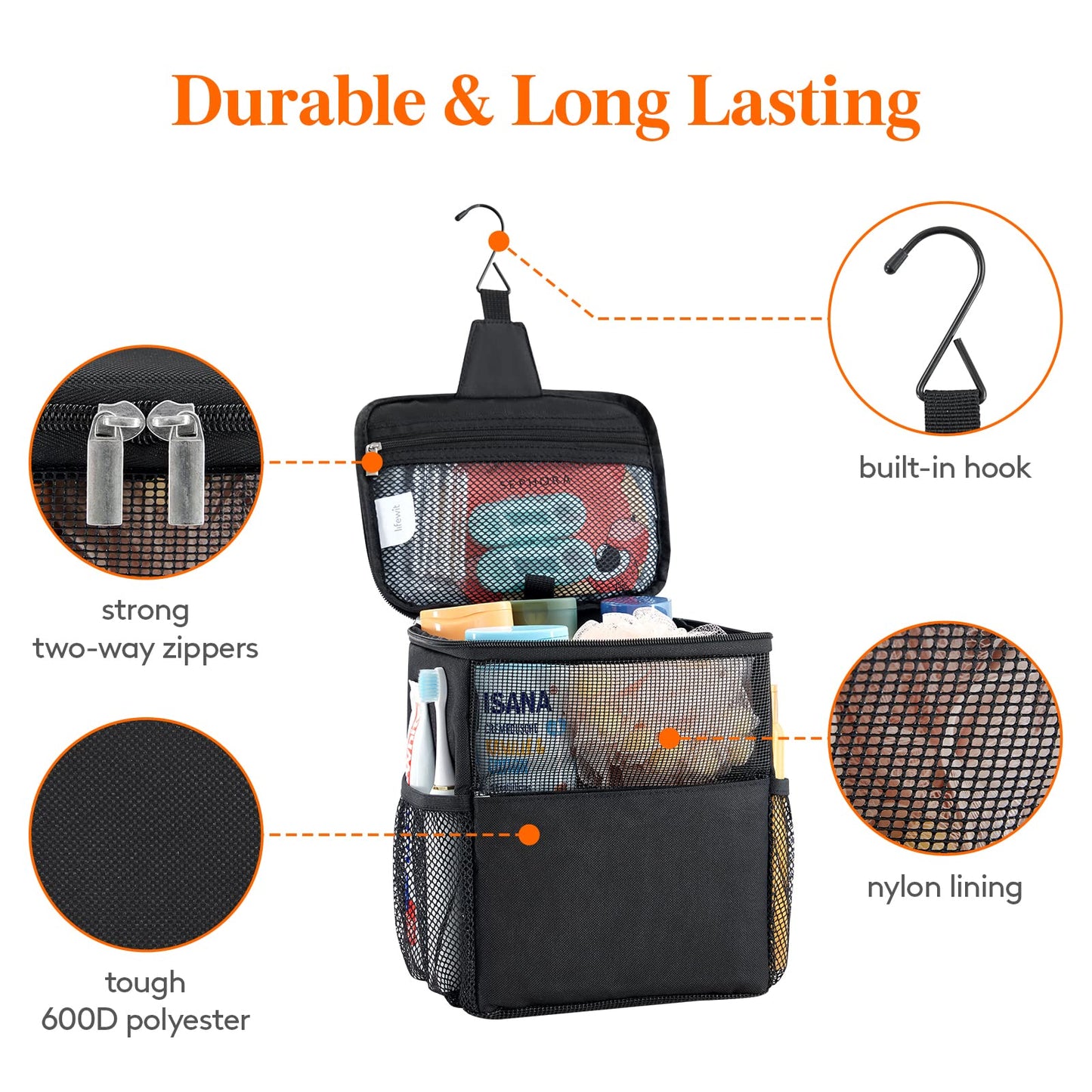 Lifewit Mesh Shower Caddy Bag Portable College Dorm Room Essentials Caddy Tote Basket for Bathroom, Gym, Travel, Camping Quick Dry Hanging Shower Organizer Toiletry Bag for Women Wen, Medium, Black