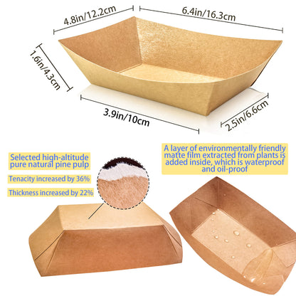 MotBach 100 Pack 2lb Kraft Paper Food Trays, Heavy-Duty Paper Food Boat Disposable Serving Basket Tray for French Fries Nachos Snack Hot Dog Taco BBQ Popcorn Party Picnic Wedding Party (Brown)