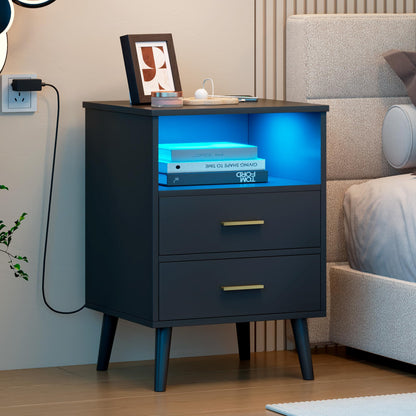 LVSOMT Black Nights Stand with Gun Drawer, Bedroom LED Nightstand with Charging Station, Bedside Table with Metal Legs, Wood Sofa Couch End Side Table