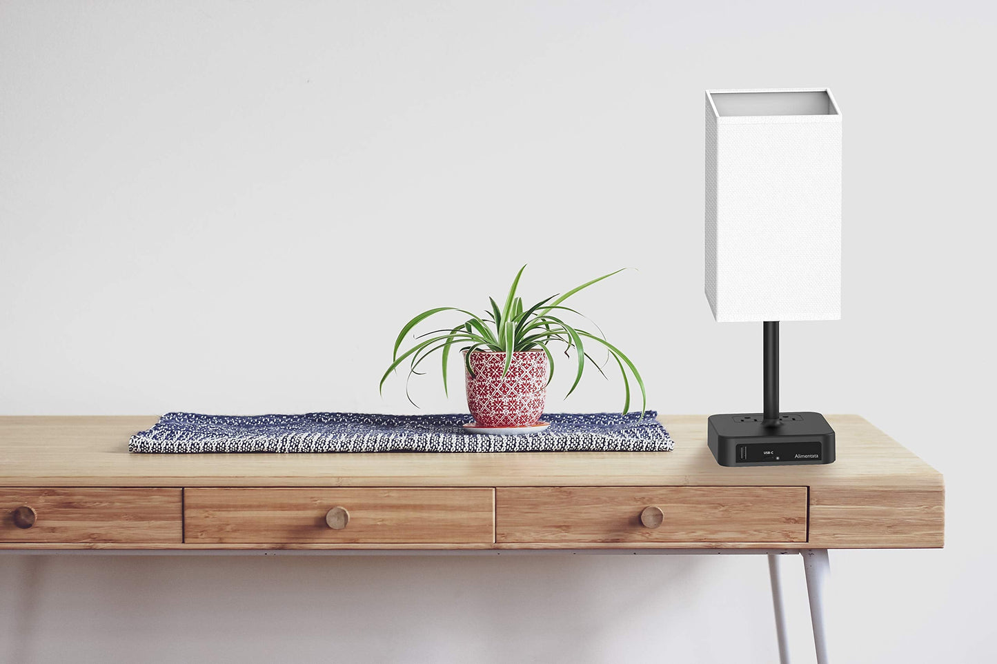 Alimentata Bedside Table Lamp with Touch Control & USB C+A Charging Ports LED Desk Lamp with 2 AC Outlets, Minimalist Nightstand Light with Black Fabric Shade for Bedroom, Living Room, Office, White