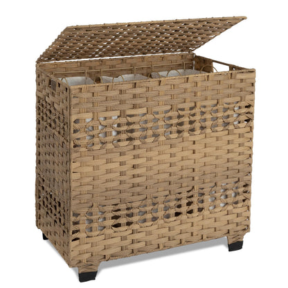 OIAHOMY Laundry Hamper with Lid, 140L Clothes Hamper with 3 Removable Liner Bags, Foldable Basket with Lid, Synthetic Wicker Laundry Basket for Bedroom, 27x 13 x 26 Inches, Yellow