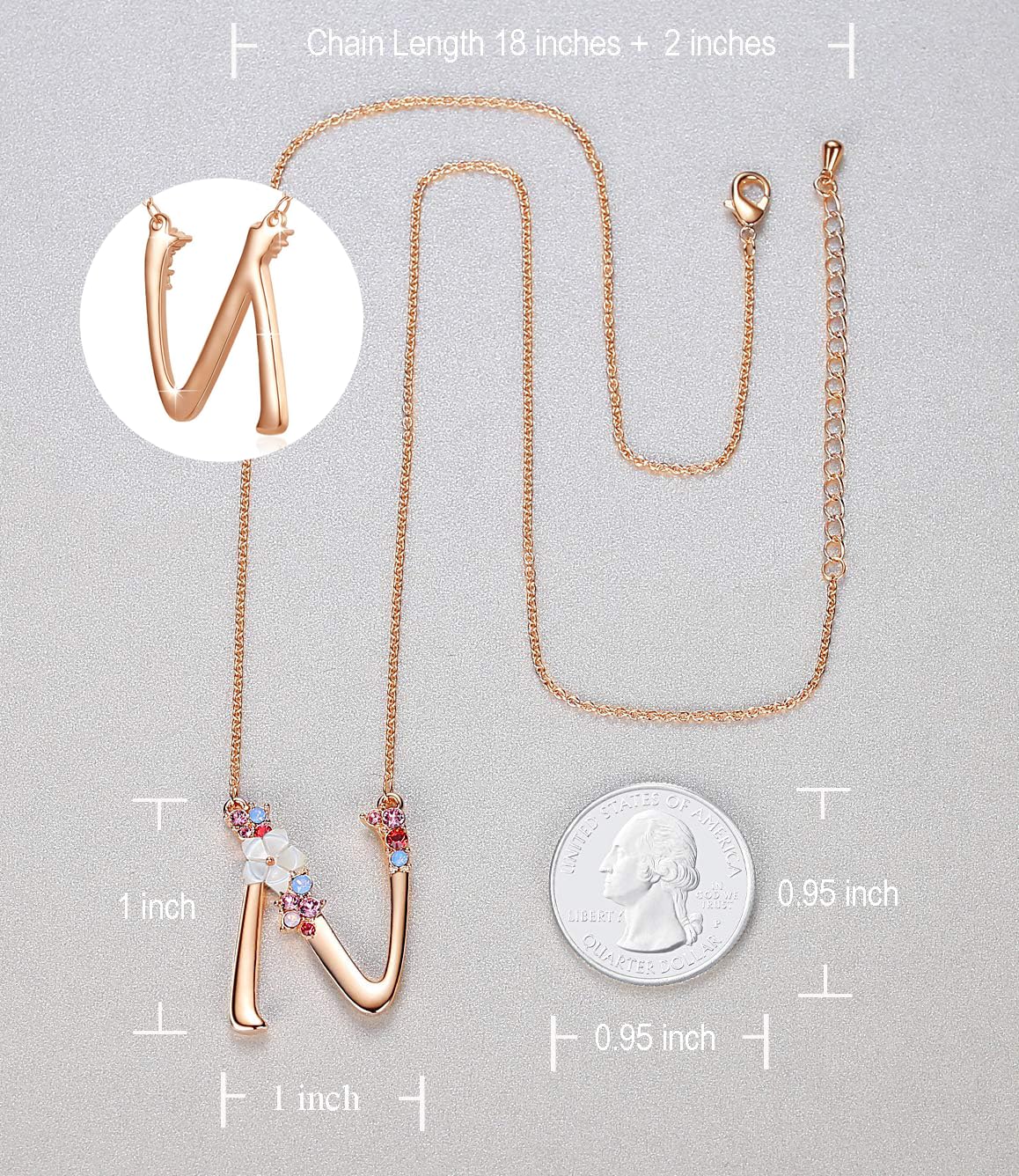 Flower Initial Letter Necklace, Pink Red Blue Simulated Pearl Pendant Name Jewelry Made with Austrian Crystals Rose Gold Plated Anniversary Birthday Gifts for Women,18"+2" (N)