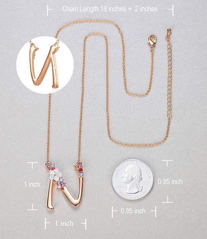 Flower Initial Letter Necklace, Pink Red Blue Simulated Pearl Pendant Name Jewelry Made with Austrian Crystals Rose Gold Plated Anniversary Birthday Gifts for Women,18"+2" (N)