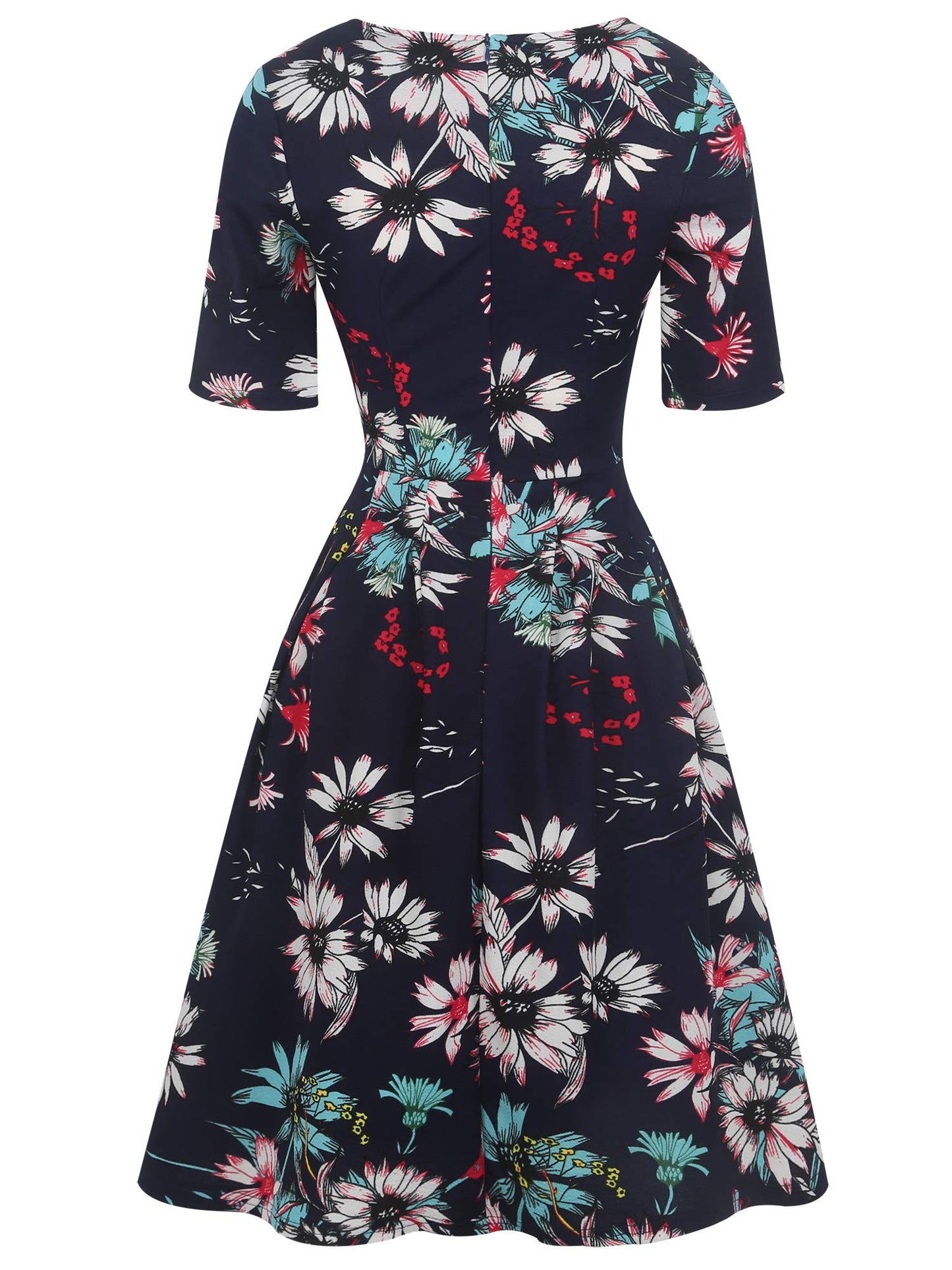 oxiuly Womens Half Sleeve Elegant Vintage Dress Casual Fit and Flare Church Wedding Guest Work Dresses with Pockets OX165 (Navy Blue F, m)