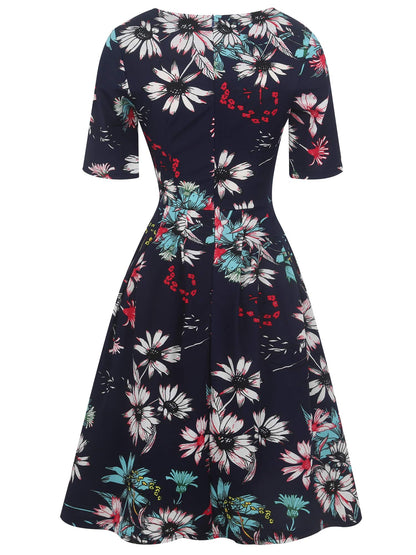 oxiuly Womens Half Sleeve Elegant Vintage Dress Casual Fit and Flare Church Wedding Guest Work Dresses with Pockets OX165 (Navy Blue F, m)