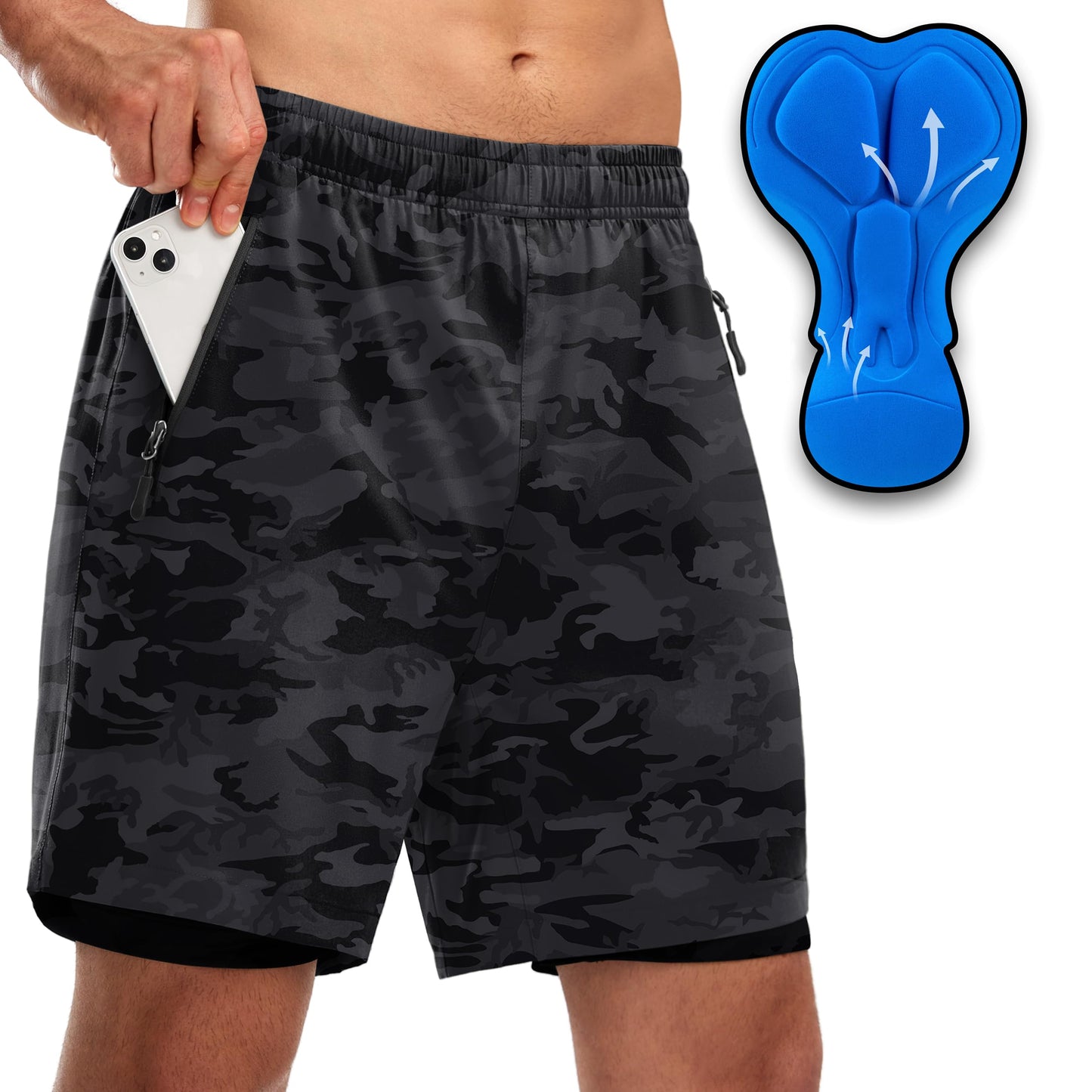 Men's Mountain Bike Shorts 3D Padded Loose-fit Biking Riding Cycling Bicycle Biker Cycle Padding Shorts for Men Zipper Pockets(Camo Black,L)