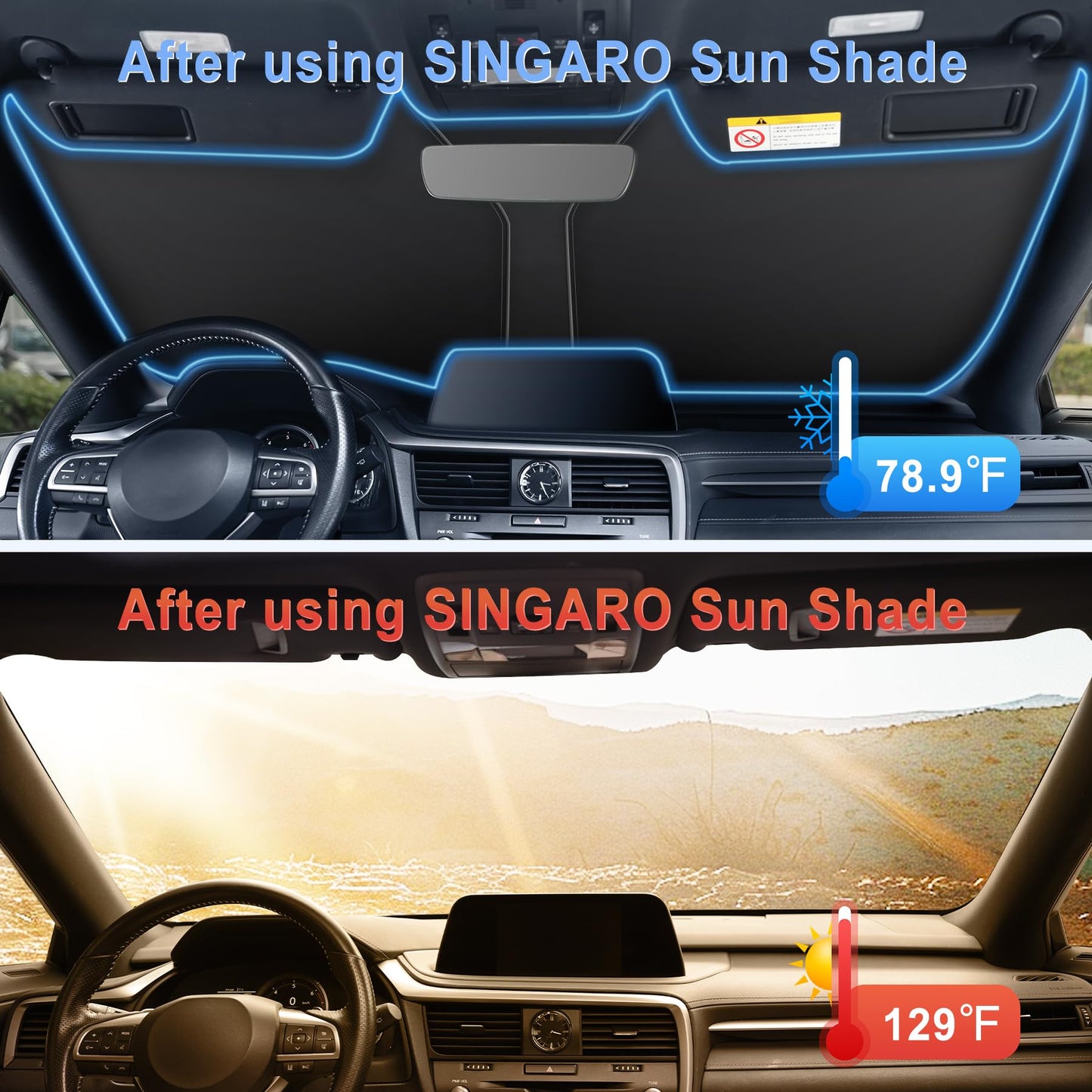 SINGARO 300T Universal Car Windshield Sun Shade, Foldable Reflective for Windshield & Window Shades with Overlapping Design, Car Interior Accessories (55" L x 26.7" W)