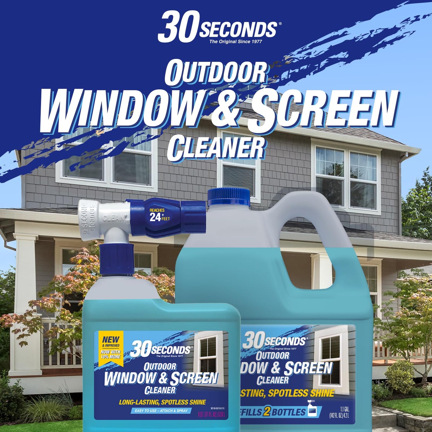 30 SECONDS Outdoor Window & Screen Concentrated Cleaner for Glass, Patio Doors, Fiberglass, Furniture - No Screen Removal Required, Spray & Rinse - Hose End Spray Attachment (2 PACK)