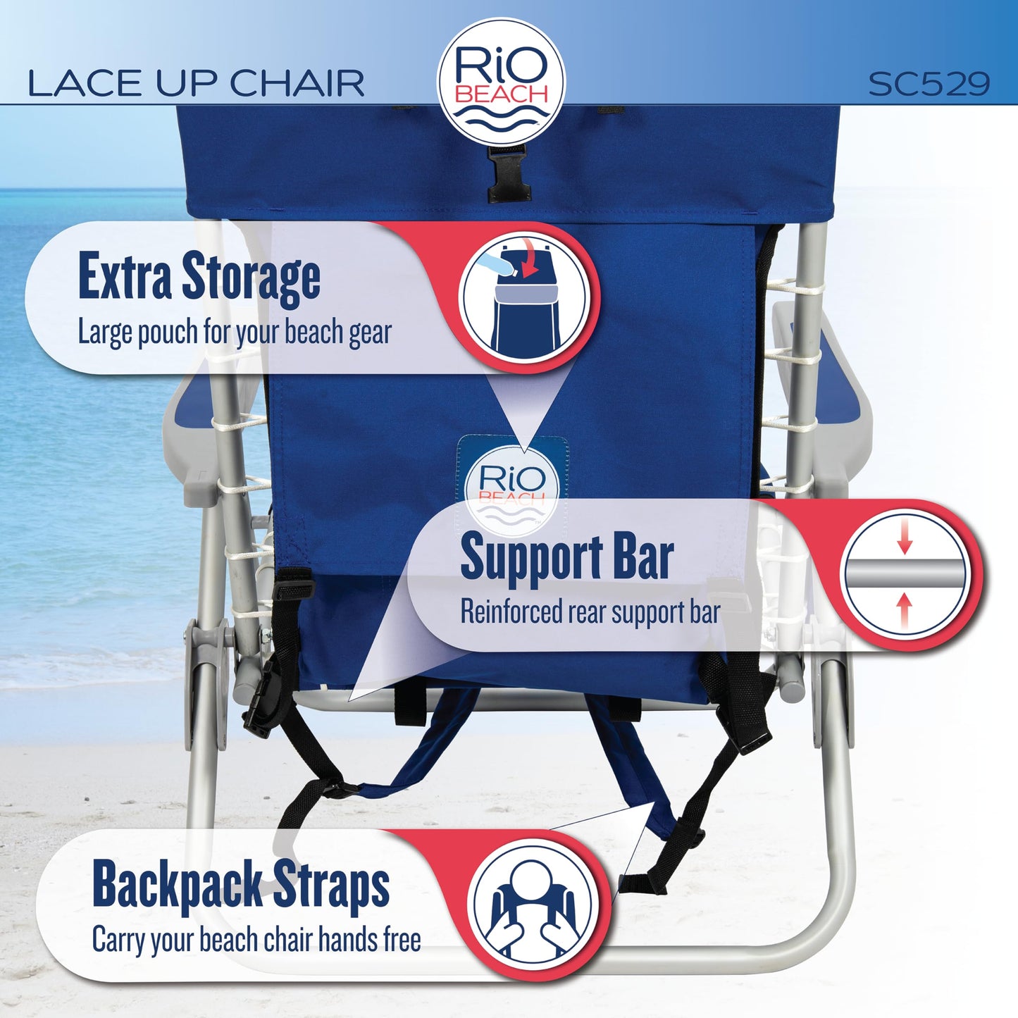 RIO Gear Beach Lace-Up Suspension Folding Beach Chair, Navy , 44.7" x 25.5" x 26.5"