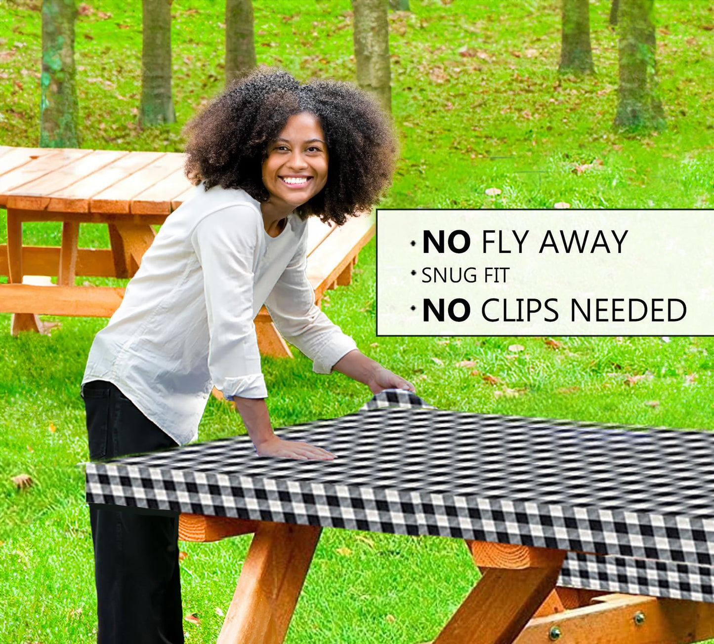 LINPRO 8ft Picnic Table Cover with Bench Covers Vinyl Fitted Picnic Table Covers with Elastic Camping Essentials and Picnic Tablecloth and RV Accessories with Bag