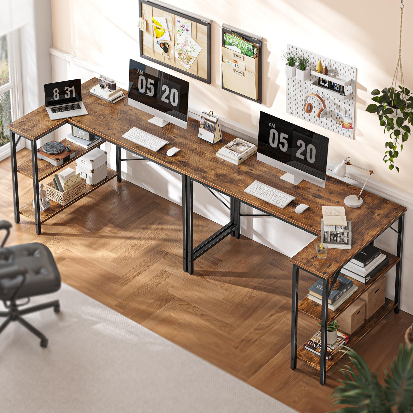 Huuger 47 Inches L Shaped Desk, Computer Desk with Reversible Storage Shelves, for Gaming Corner Home Office Writing Study, Metal Frame, Rustic Brown