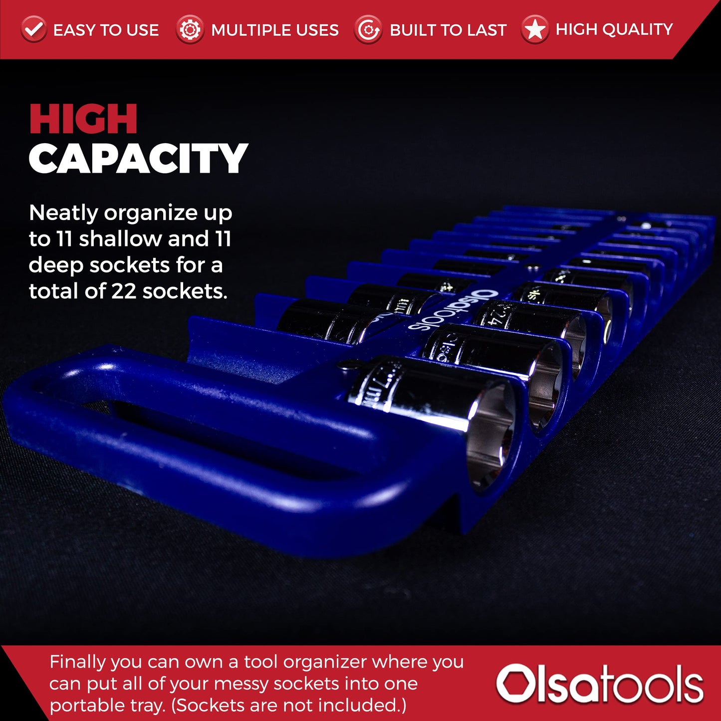 Olsa Tools Magnetic Portable Socket Organizer Tray - 1/2-Inch Drive - Blue Holder for Deep & Shallow Sockets - Fits up to 1-3/16" SAE or 30mm Metric - Quality Product for Professionals - Part 1080