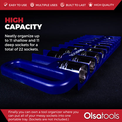 Olsa Tools Magnetic Portable Socket Organizer Tray - 1/2-Inch Drive - Blue Holder for Deep & Shallow Sockets - Fits up to 1-3/16" SAE or 30mm Metric - Quality Product for Professionals - Part 1080