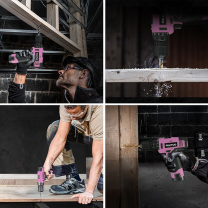PULITUO 12V Pink Cordless Drill Set Power Drill Kit with Battery and Charger,electric drill home improvement,3/8-Inch Keyless Chuck,Built-in LED,21+1 Torque Setting small drill