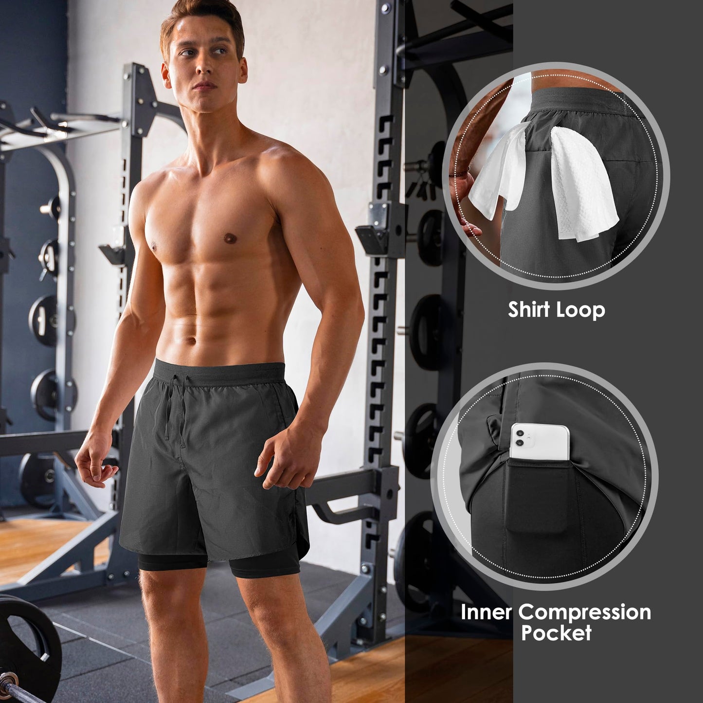 NIMOJIRO Men's 2 in 1 Running Shorts Workout Athletic Shorts Outdoor Sports with Liner Lightweight Training Yoga Gym Shorts with Phone Pockets