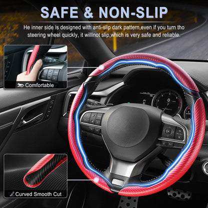 Amiss 3pcs Carbon Fiber Anti-Skid Steering Wheel Cover, Segmented & Butterfly Design, Universal 99% Car Wheel Cover Protector, Red