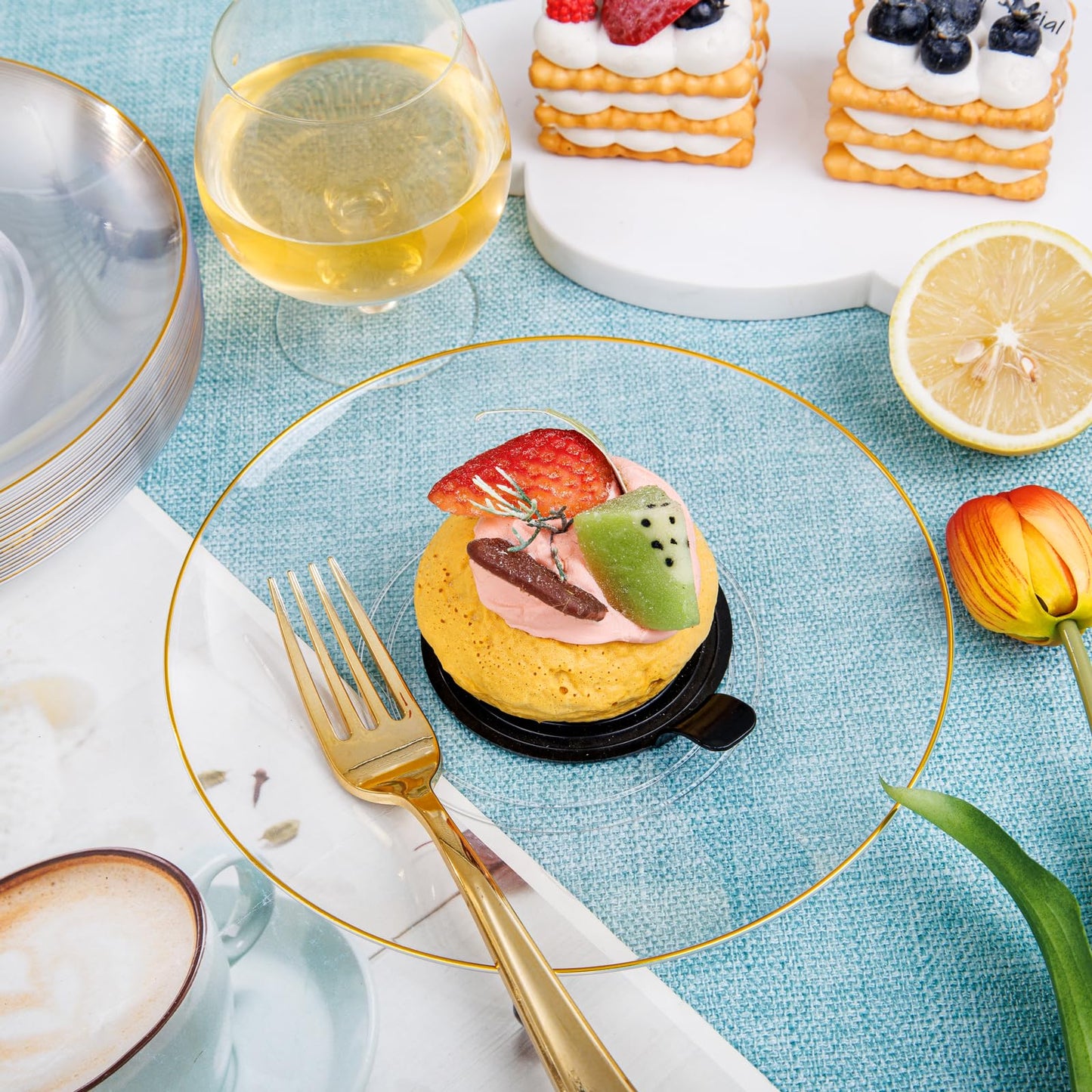 Nervure 100Pieces Clear and Gold Rim Plastic Plates - 7.5inch Disposabl Salad Dessert Plate - Clear and Gold Party Plates Ideal for Wedding & Party