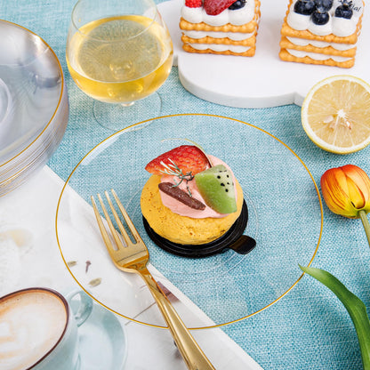 Nervure 100Pieces Clear and Gold Rim Plastic Plates - 7.5inch Disposabl Salad Dessert Plate - Clear and Gold Party Plates Ideal for Wedding & Party