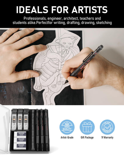 Nicpro 0.9 Metal Mechanical Pencil Set with Case, 3PCS Hevey Duty MP2000 Lead Pencil With 6 Tube HB Lead Refills 0.9mm, Erasers, Weatherproof Barrel for Outdoor Writing Drafting Drawing Sketching