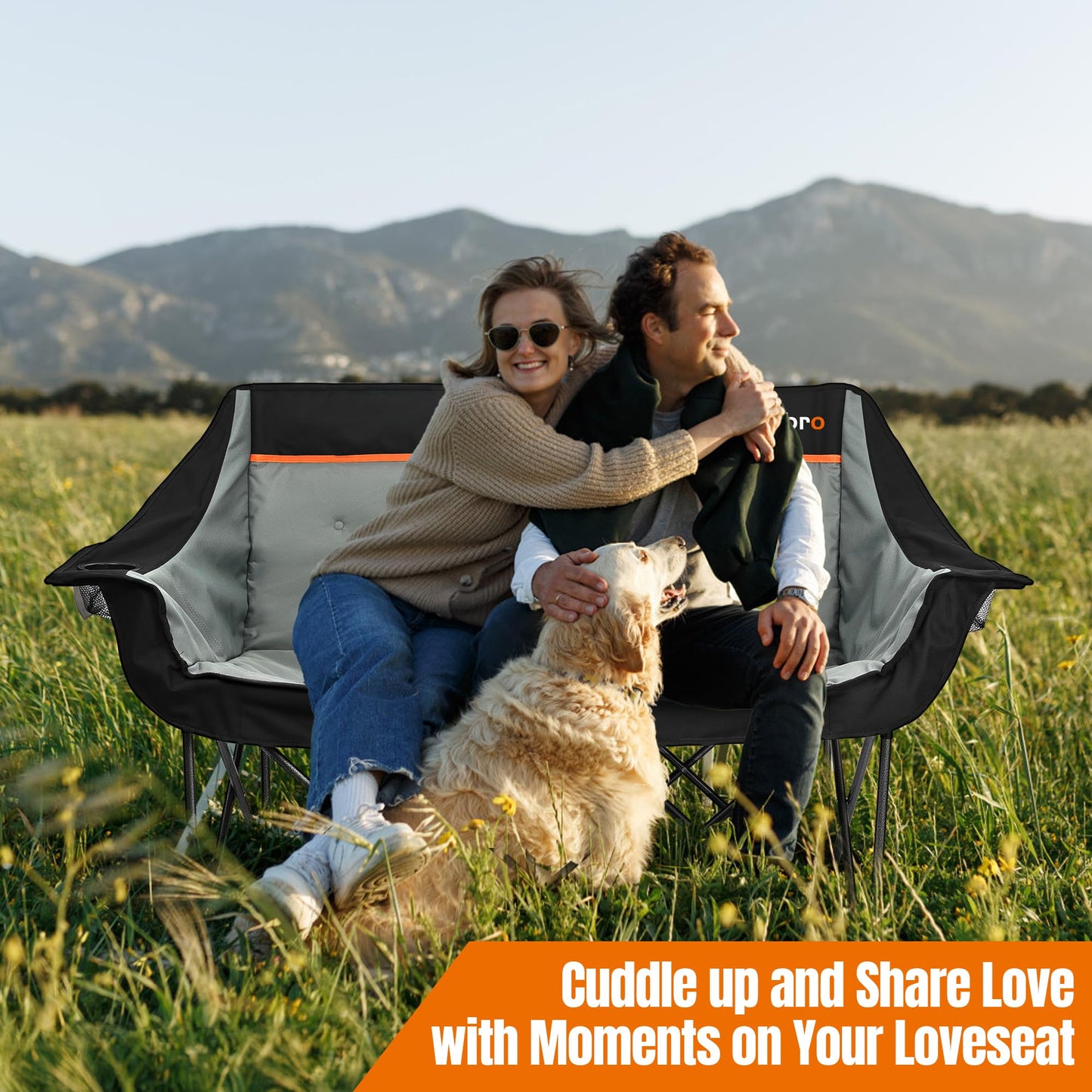 Newbro Oversized Double Camping Chair for Adults, Fully Padded Folding Camping Chairs Loveseat, Big Heavy Duty Outdoor Patio Lawn Chair with Arm Cup Holder