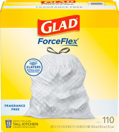 Glad ForceFlex Tall Kitchen Drawstring Trash Bags, 13 Gal, Fragrance Free, 110 Ct (Package May Vary)