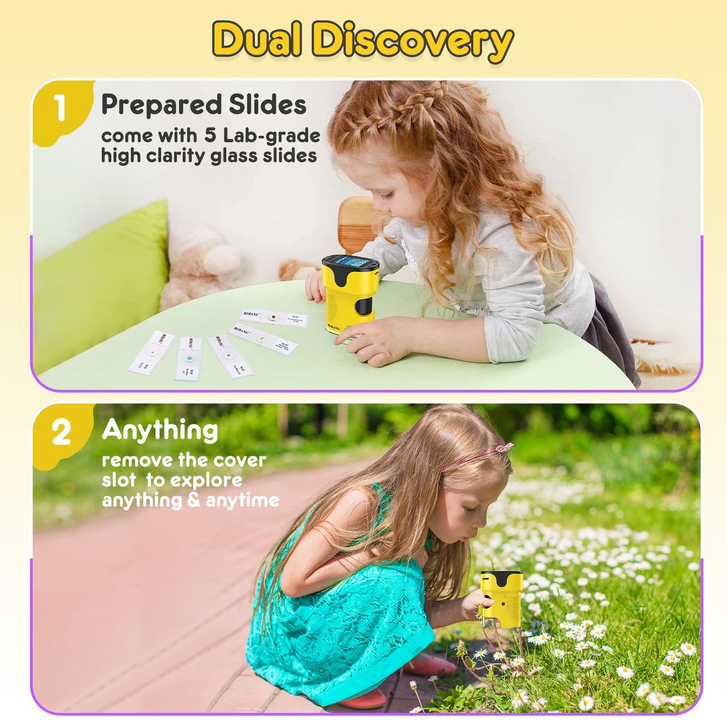 1000X Handheld Microscope for Kids 4K 2.0" Screen Rechargeable Mini Pocket Digital Microscopes w/Slides Kit Portable Edu Gift Age 4-6 8-12 Children Students (Yellow)