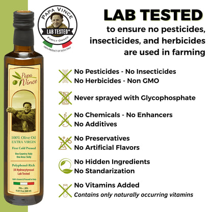 Papa Vince Olive Oil Extra Virgin - First Cold Press Family Harvest 2024/25, Polyphenol Rich, Subtle Peppery Finish, Unrefined, High in Monounsaturated Fat, No Pesticides, No GMO, Sicily, Italy