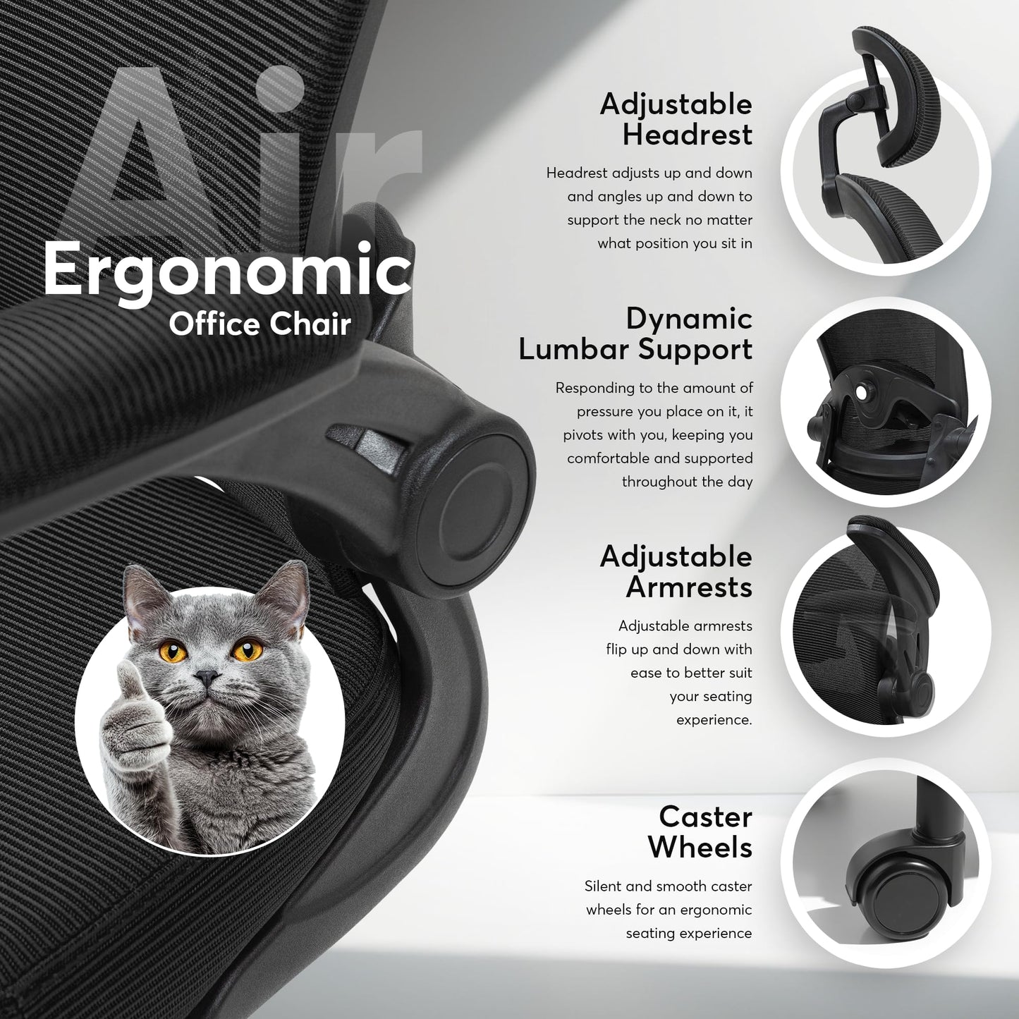 Oline ErgoAir Ergonomic Office Chair – Adjustable Lumbar Support, Flip-Up Armrests, Mesh Computer Desk Chair, Swivel Rolling Executive Gaming Chair for Home & Office (Black)