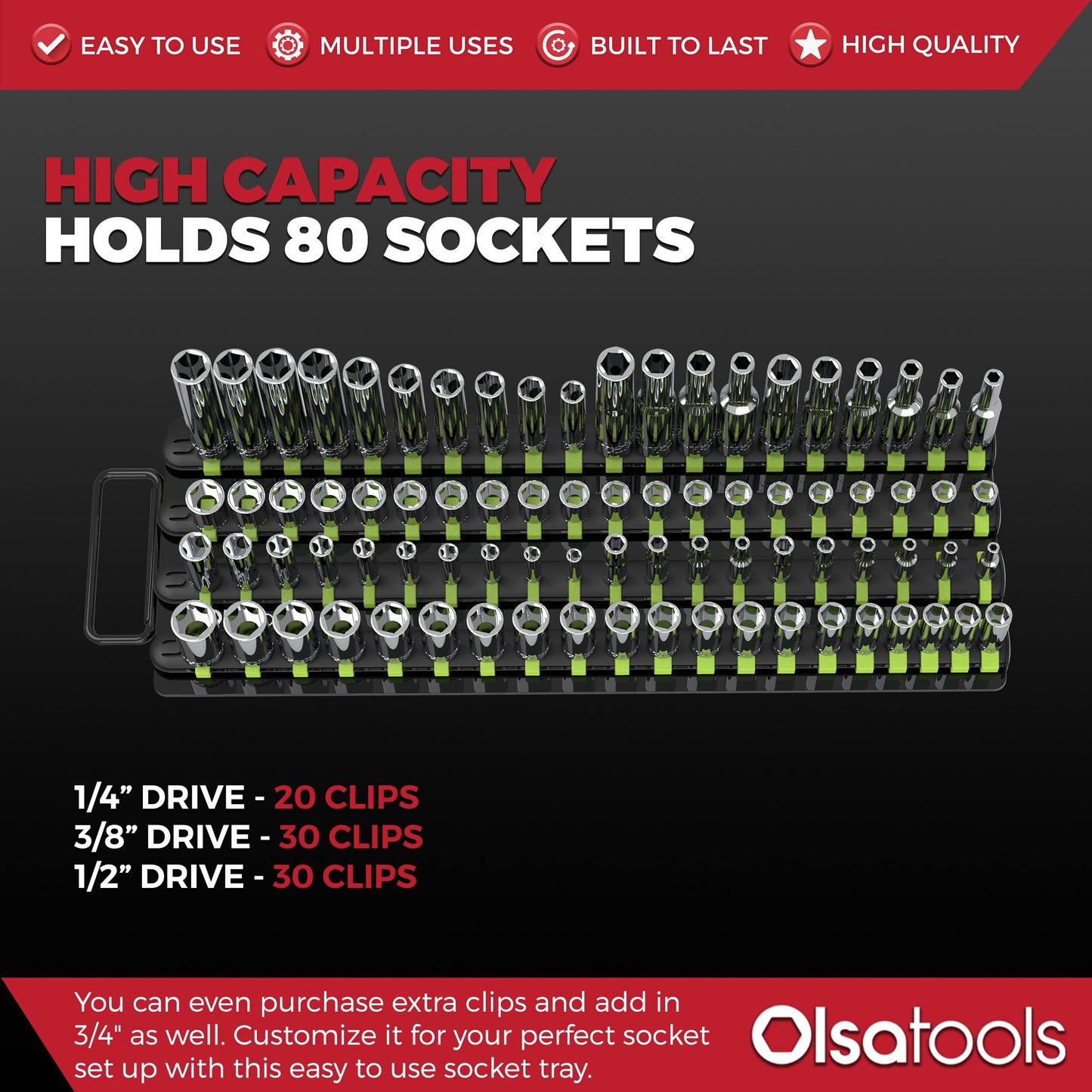 Olsa Tools Portable Socket Organizer Tray | Black Rails with Green Clips | Holds 80 Sockets | Professional Quality Socket Holder