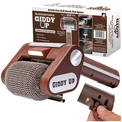HorsePower Giddy Up Grill Cleaner AS-SEEN-ON-TV! – Cordless, Rechargeable BBQ Tool with 350 RPM Stainless Roller, LED Light – Patents Pending – From BulbHead, a Family-Owned American Brand