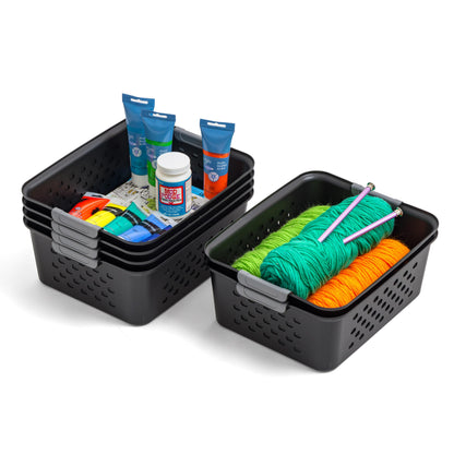 IRIS USA Plastic Basket, 6-Pack, Medium, Shelves Storage Basket for Organizing Pantry, Cabinet, Bedroom, Closet, Laundry Room, Office, Black