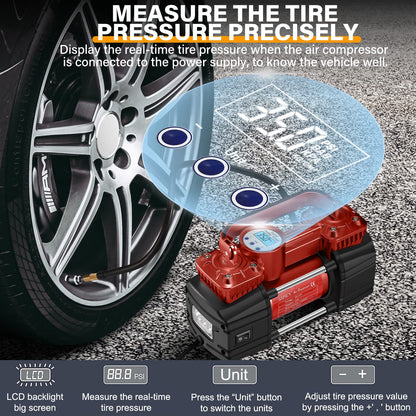 GSPSCN Portable Digital Car Tire Inflator with Gauge 150Psi Auto Shut-Off, Heavy Duty Double Cylinders 12V Air Compressor Pump with LED Light for Auto,Truck,Car,Bicycles,RV,SUV,Balls etc. (RED)