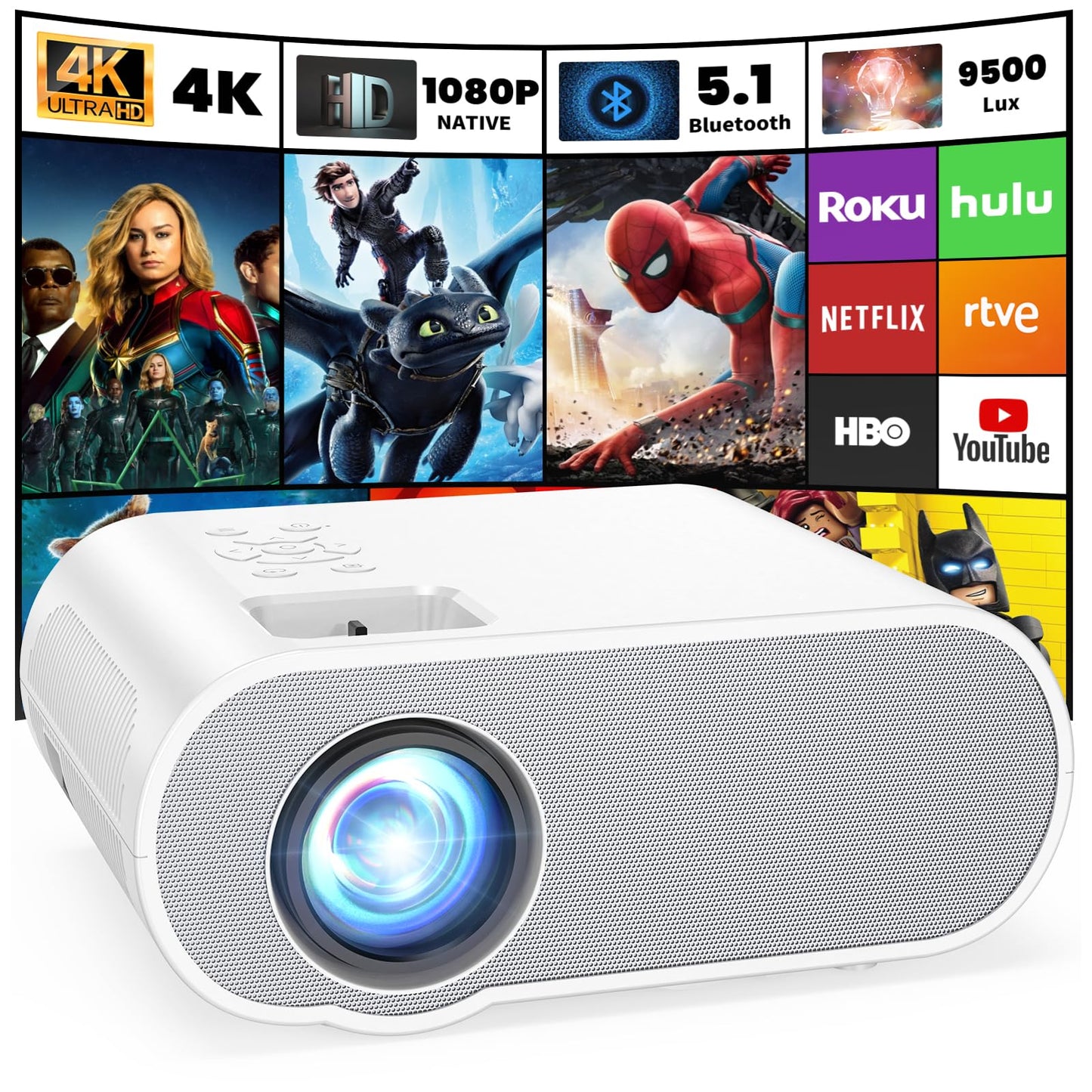 HOMPOW Projector, Native 1080P Full HD Bluetooth Projector with Speaker, Outdoor Portable Movie Mini Projector Compatible with Laptop, Smartphone, TV Stick, Xbox, PS5