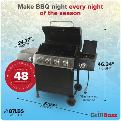 Grill Boss 4 Burner Propane Gas Grill, Portable BBQ w/Lid, Wheels & Side Shelves, Black - Grilling Accessories and Equipment for Camping, Tailgating, Outdoor Barbecue and Cooking