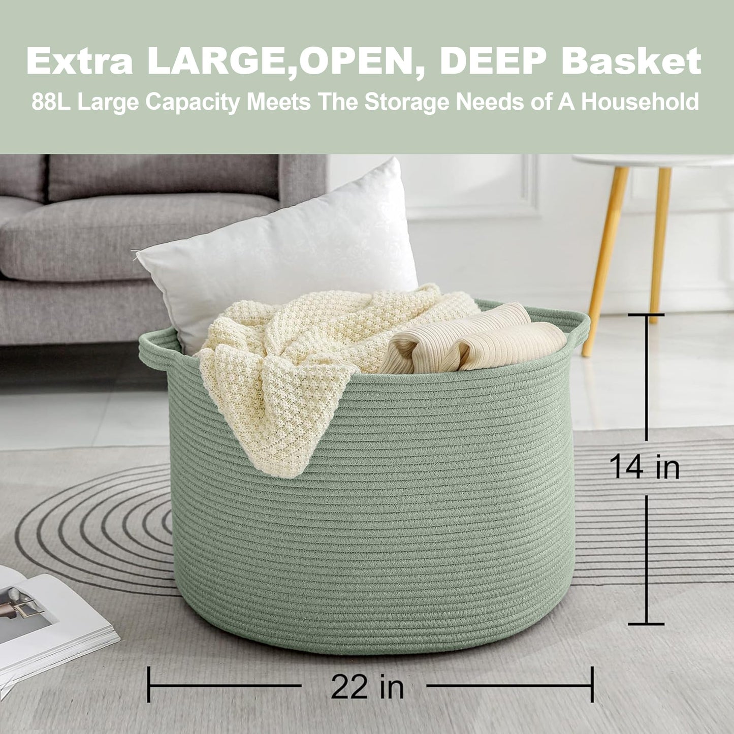 MEGASKET Extra Large Green Basket, 22" X 22" X 14" Woven Cotton Rope Baskets for Blankets, Nursery Wicker Laundry Basket, Kids Toy Storage Bin, Green Living Room Office Decor Baskets for Organizing