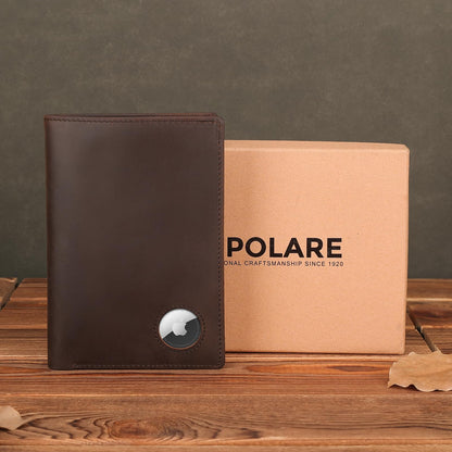 Polare Functional RFID Blocking Leather Passport Holder Travel Bifold Wallet For Men (Dark Brown with AirTag Slot)
