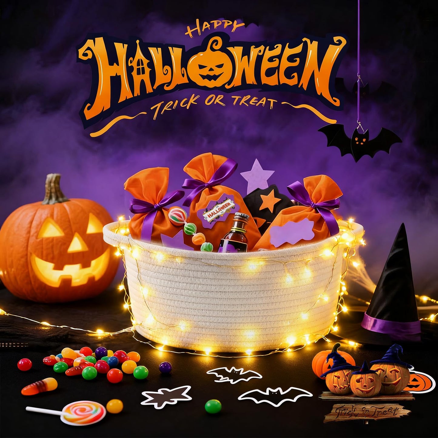 Happyiren Cute Woven Storage Basket with Handle, Baskets for Gifts Empty, Gift Baskets for Birthday Baby Shower Raffle Burr Fundraiser, Decorative Organizer Box for Baby Toy Pet, 13" D x 8" W x 6" H