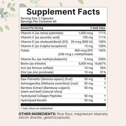 Micro Ingredients Hair Growth Vitamins for Women & Men, 120 Capsules | 14-in-1 Formula with Biotin, Collagen, Keratin, Saw Palmetto & More | Thicker, Fuller, Nourishes Thinning & Loss Hair Support