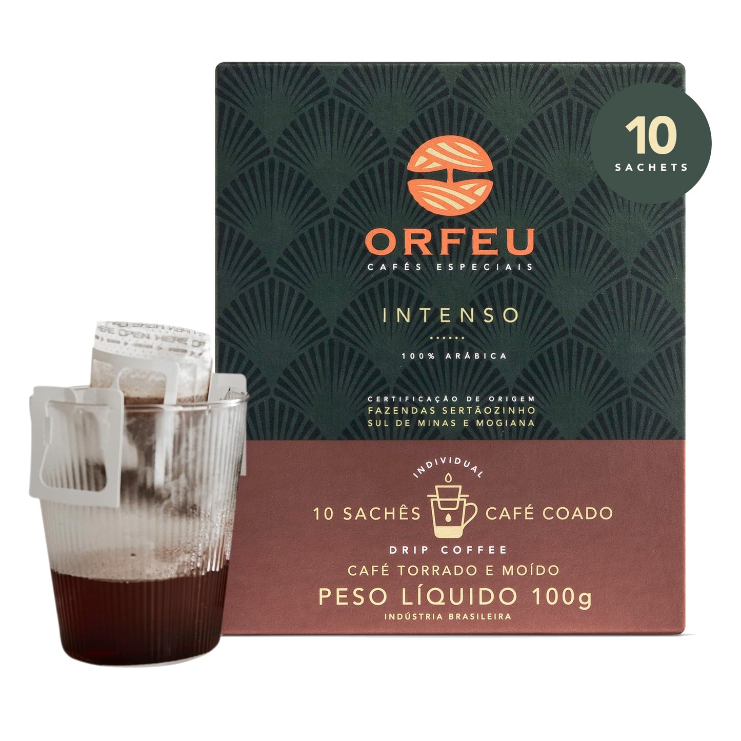 ORFEU - Special Coffee Intense - Drip Sachet - 100% Arabica Coffee, Dark Roast, Aroma of Toasted Caramel & Fruit Jam, Low Acidity, Made In Brazil, Velvety Body - 10 Units, 100g