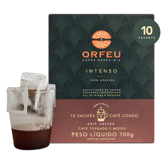 ORFEU - Special Coffee Intense - Drip Sachet - 100% Arabica Coffee, Dark Roast, Aroma of Toasted Caramel & Fruit Jam, Low Acidity, Made In Brazil, Velvety Body - 10 Units, 100g