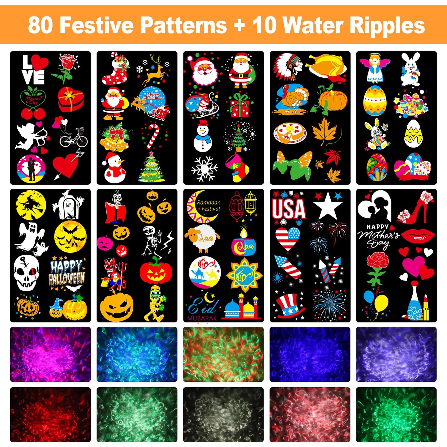 2025 Upgraded Brighter Halloween Decorations Projector Lights for Home, Display 8 Patterns at A Time (3D Ocean Wave & Patterns), 8 Themes Holiday Projector Halloween’ Day House Decoration Light Show