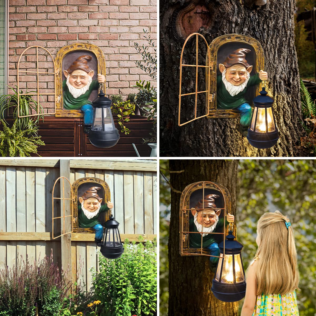 REYISO Whimsical Fairy Garden Gnomes with Solar Lights-10 Elf Out The Door Tree Hugger Garden Statues-Outdoor&Yard Decor-Tree Face Sculpture,Ideal Gnomes Gifts - Yard Art for Patio,Fence,Wall