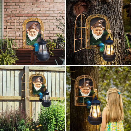 REYISO Whimsical Fairy Garden Gnomes with Solar Lights-10 Elf Out The Door Tree Hugger Garden Statues-Outdoor&Yard Decor-Tree Face Sculpture,Ideal Gnomes Gifts - Yard Art for Patio,Fence,Wall