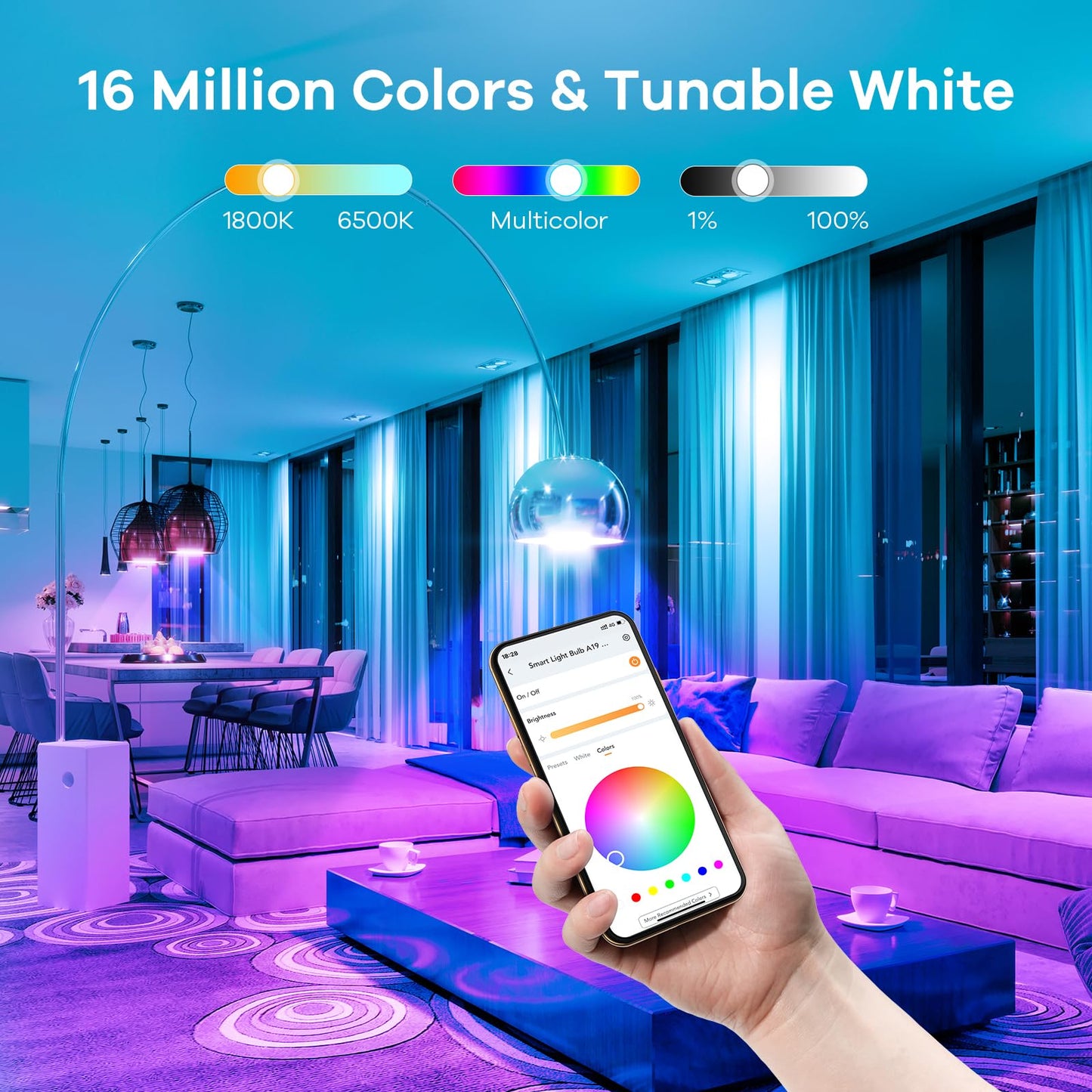 Linkind Smart Light Bulbs, Smart Bulb That Work with Alexa & Google Home, LED Light Bulbs Color Changing, 104 Preset Scene, Music Sync, A19 E26 2.4GHz RGBTW WiFi Bluetooth Light Bulb 60W, 800LM, 4Pack