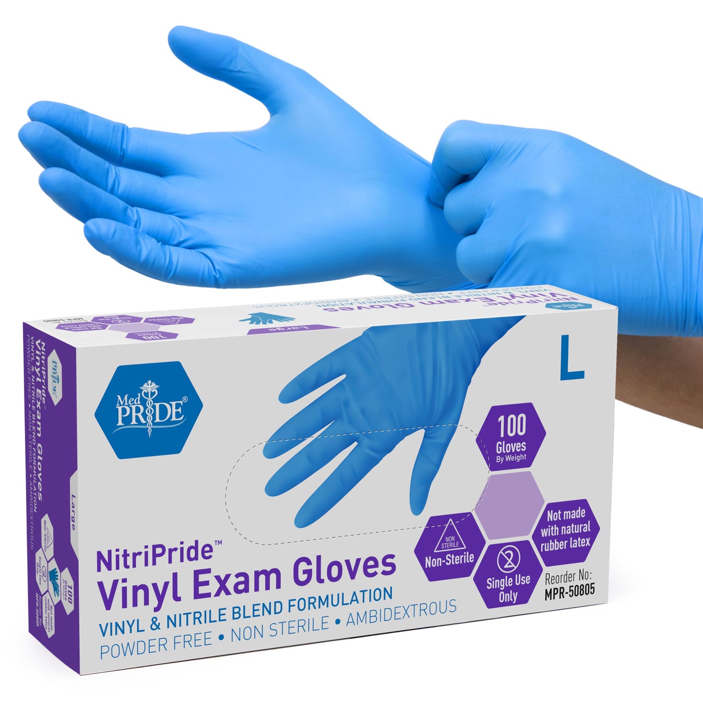 MED PRIDE Disposable Medical Vinyl Exam Gloves Single Use Nitrile-Vinyl Blend Exam Gloves, Large 100 - Powder Free, Latex Free & Rubber Free - Single Use Non-Sterile Protective Gloves