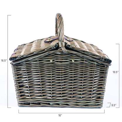 PICNIC TIME Piccadilly Picnic Basket, Romantic Picnic Basket for 2 with Picnic Set - Includes Utensil Set, Glasses, Plates, and Wine Opener, (Anthology Collection - Gray with Gold Accents)