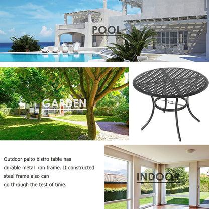 LOKATSE HOME 42.1" Outdoor Patio Round Dining Table with Umbrella Hole, Steel Frame for Backyard Lawn Balcony Deck